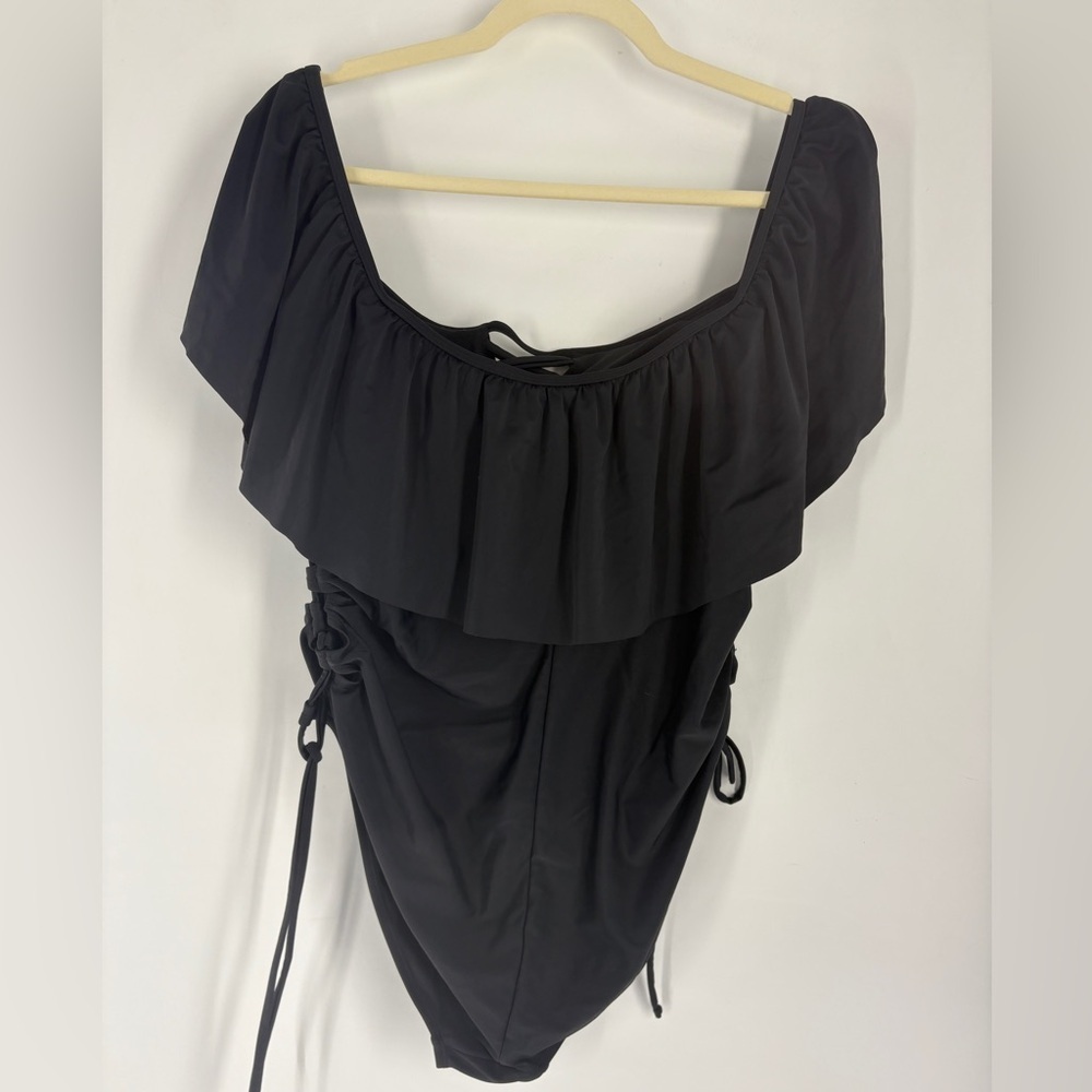 Rue+ Black Lace-Up Sides & Criss-Cross Front One-Piece Bathing Swimsuit- 1X - Picture 3 of 5